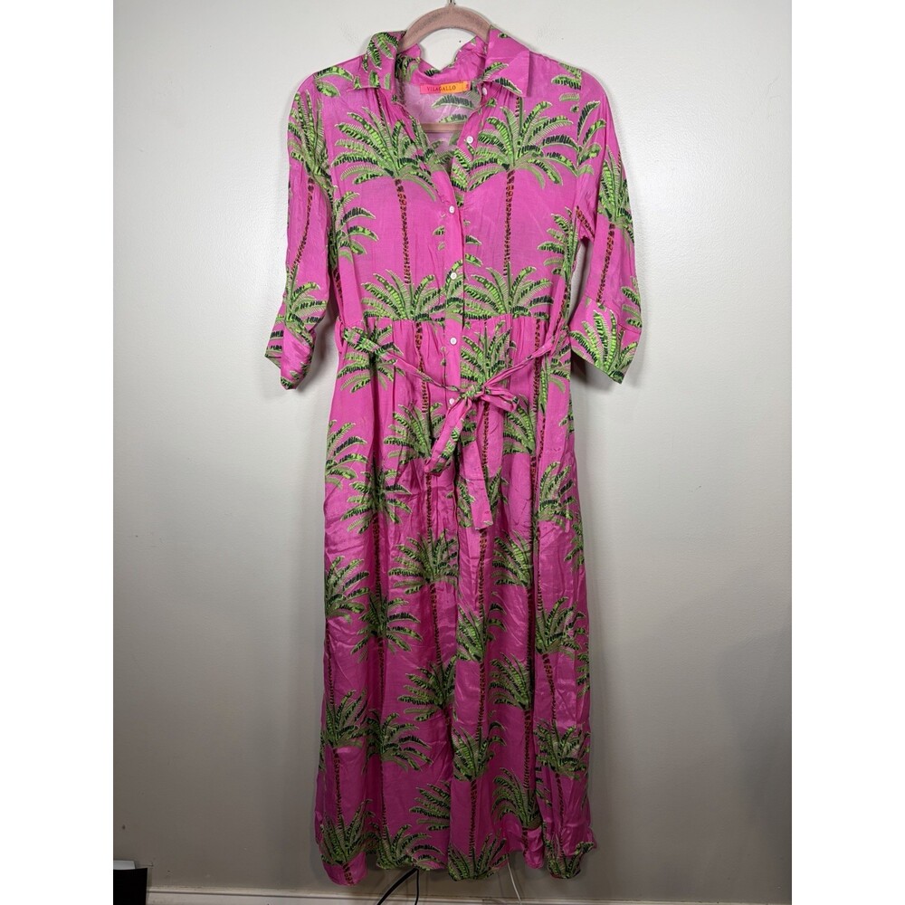 Vilagallo Button Front Midi Dress Size 38 Tropical Palm Tree Resort Vacation